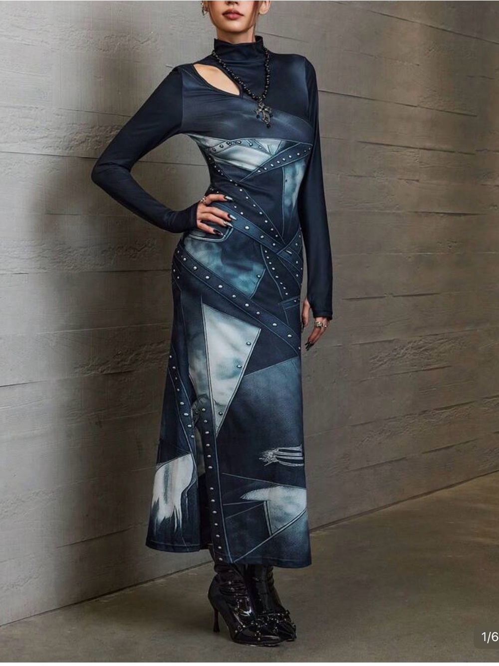 Women's Navy Patchwork Long Sleeve Maxi Dress
